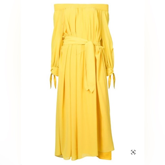 Derek Lam Women's Silk Georgette Off-the-Shoulder Belted Yellow Dress Size 4 - Picture 2 of 12